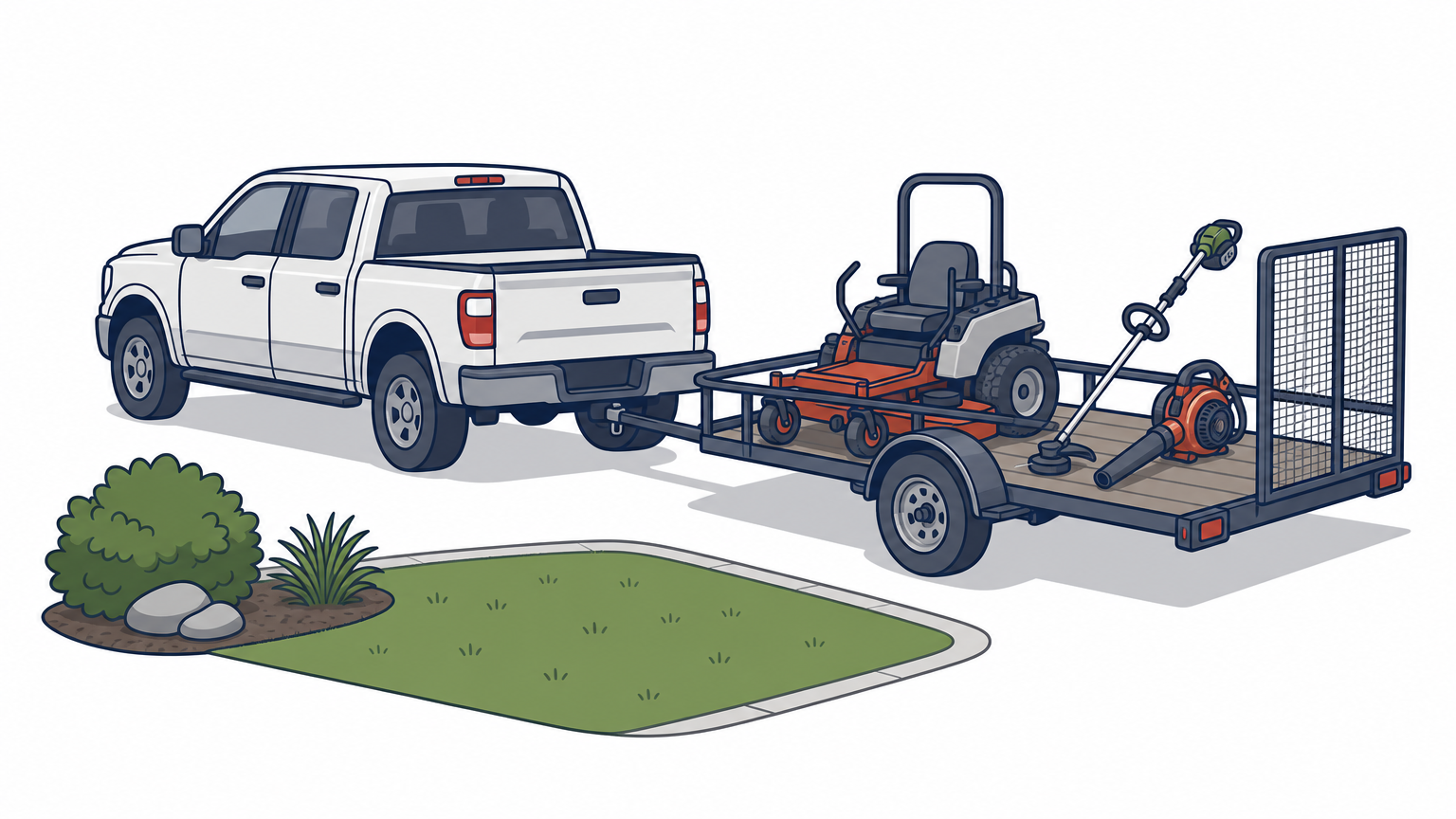 Pickup truck with a trailer holding a mower, trimmer, and blower parked next to a small lawn.