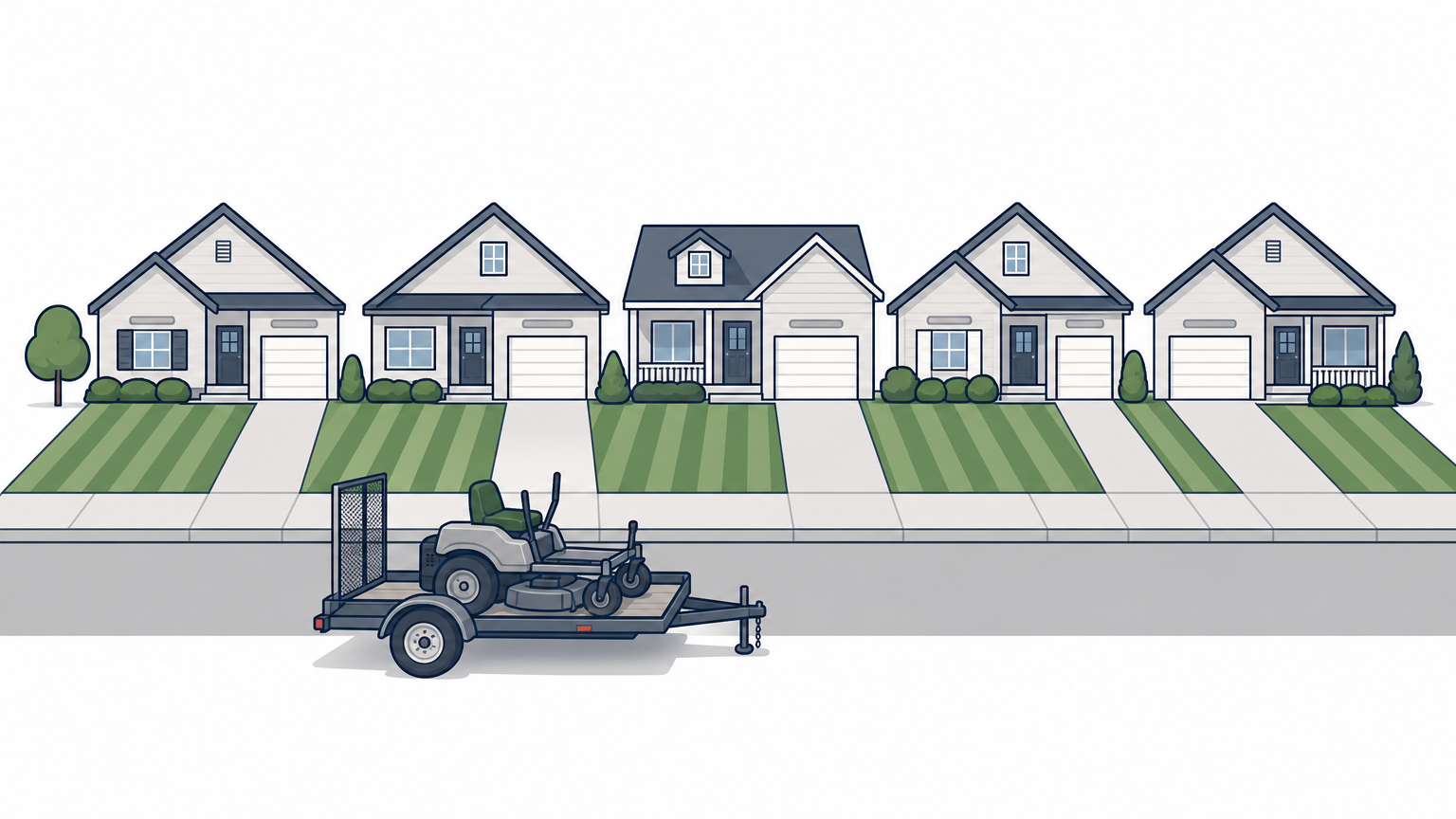 Five similar front lawns in a row on a street with a single mowing trailer at the curb.