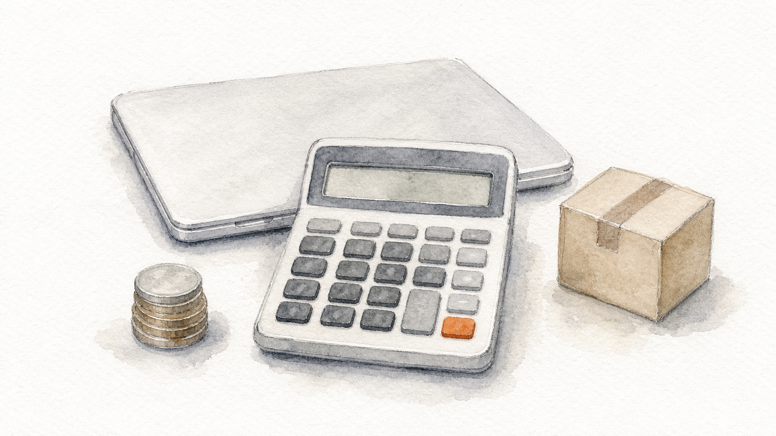A desk calculator with a stack of coins, a small shipping box, and a closed laptop.
