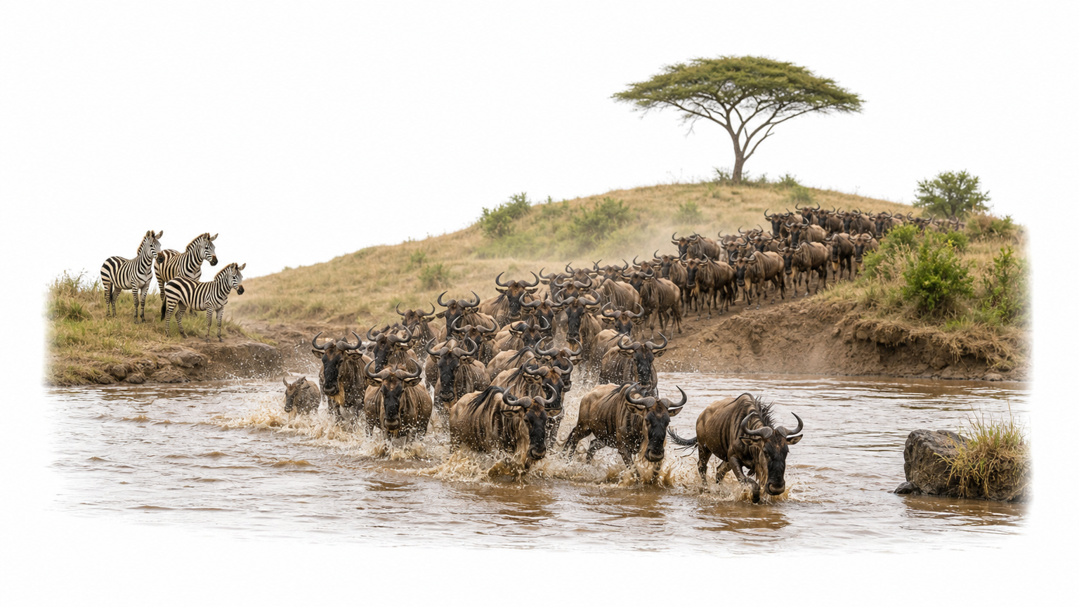 Wildebeest cross a muddy river while zebras wait on the bank near an acacia tree.