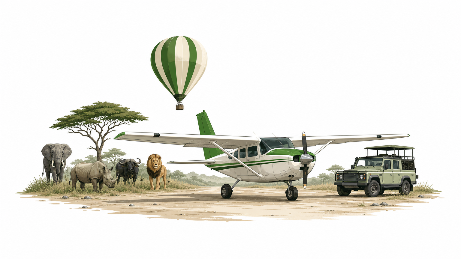 A small propeller plane on a bush airstrip with a hot-air balloon overhead and a 4x4 nearby.