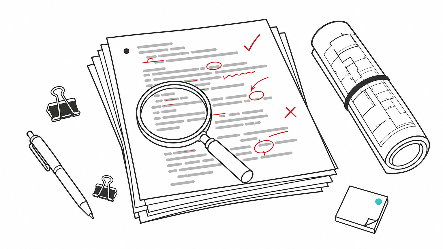 Printed code pages with red pen marks, a magnifying glass and a rolled blueprint.