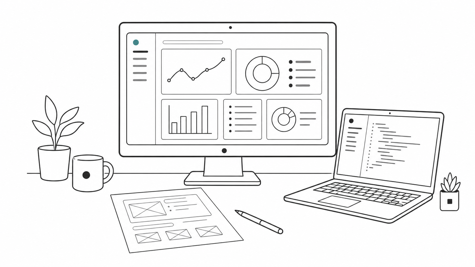 A monitor with a dashboard screenshot beside a laptop with code and a wireframe sketch.