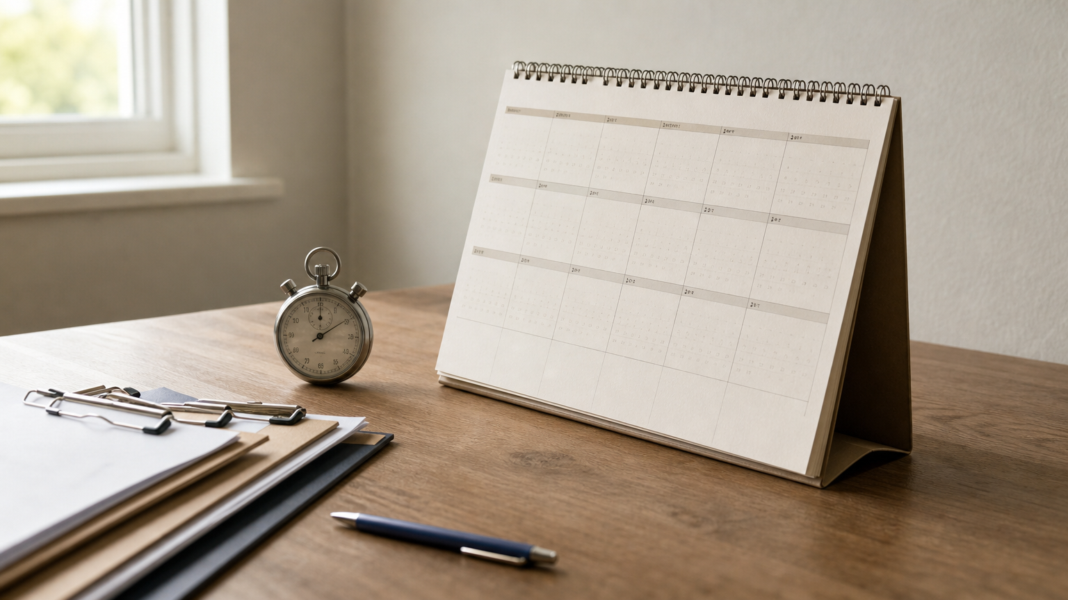A stopwatch, a multi-year wall calendar and several clipboards of patient records.