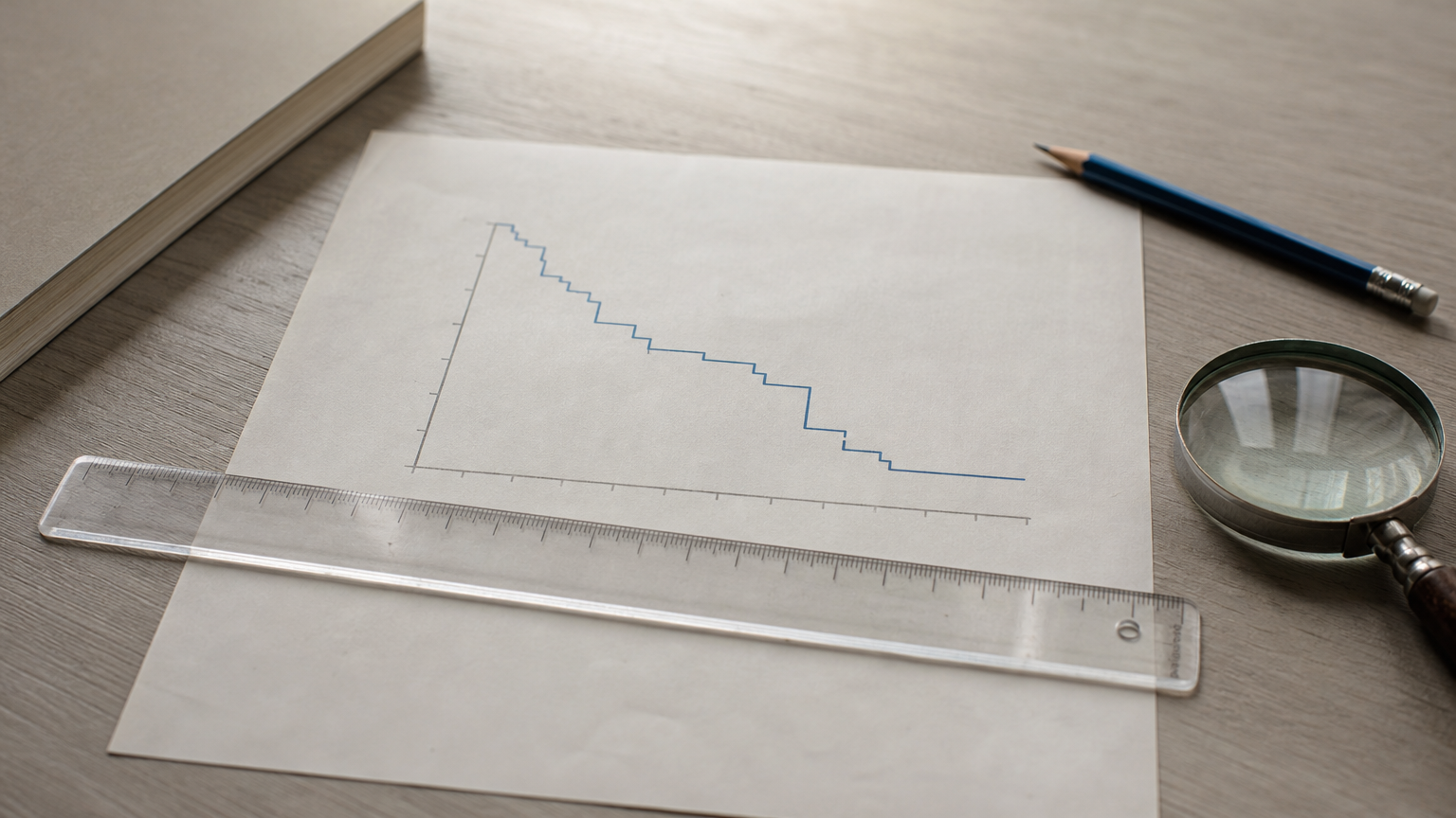 A printed stepped survival graph with a ruler, a pencil and a magnifying glass.