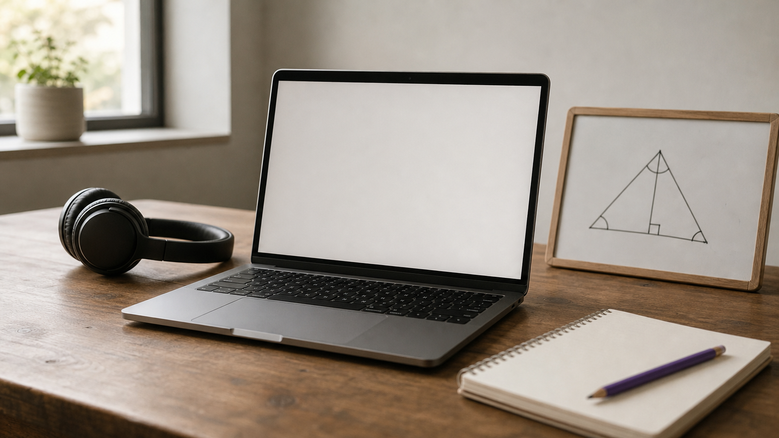A laptop, headset, small whiteboard and notebook arranged as a home tutoring setup.