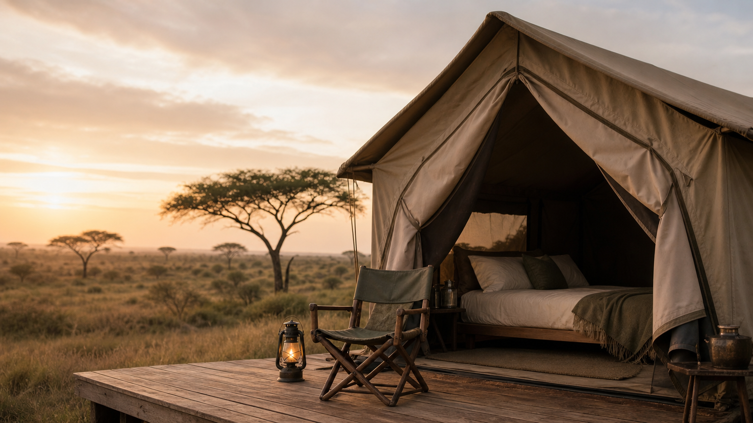 A safari tent with a wooden deck, camp chair and lantern facing open grassland.