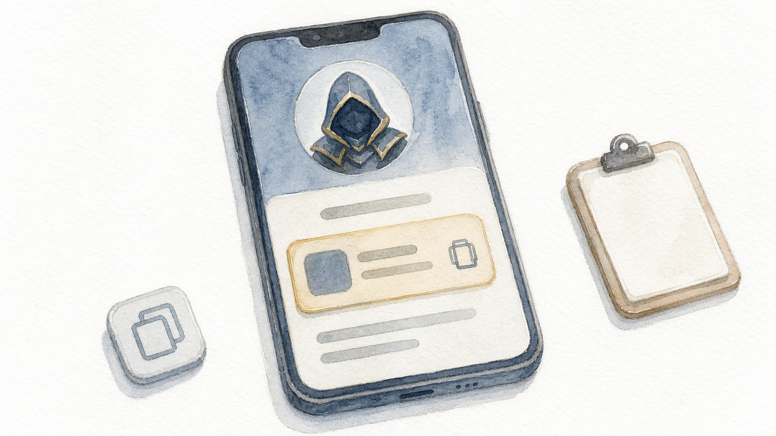 A smartphone showing a game profile with an ID badge, a copy icon, and a clipboard.