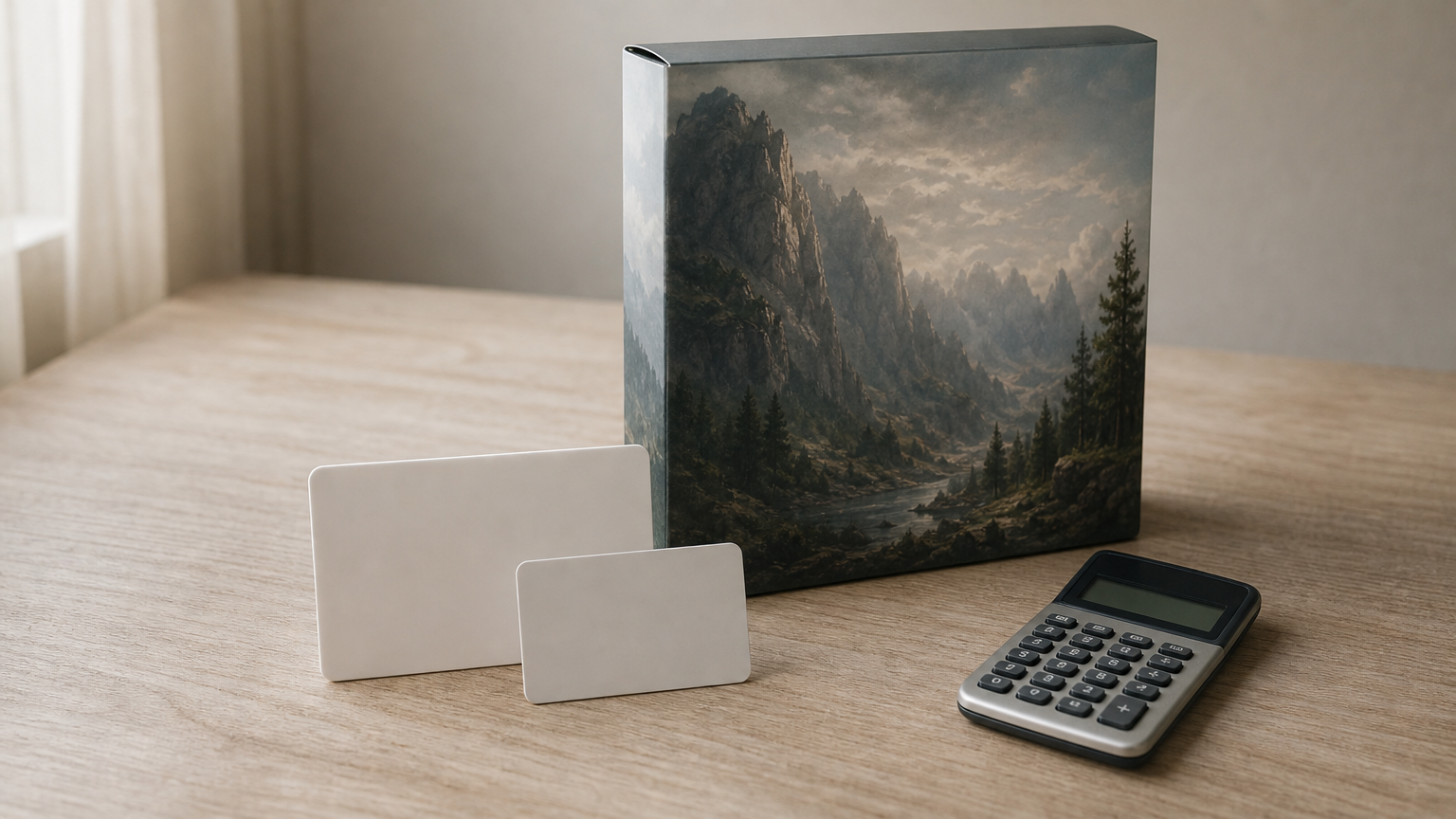Two gift cards, a calculator and a boxed PC game laid out for working out a total.