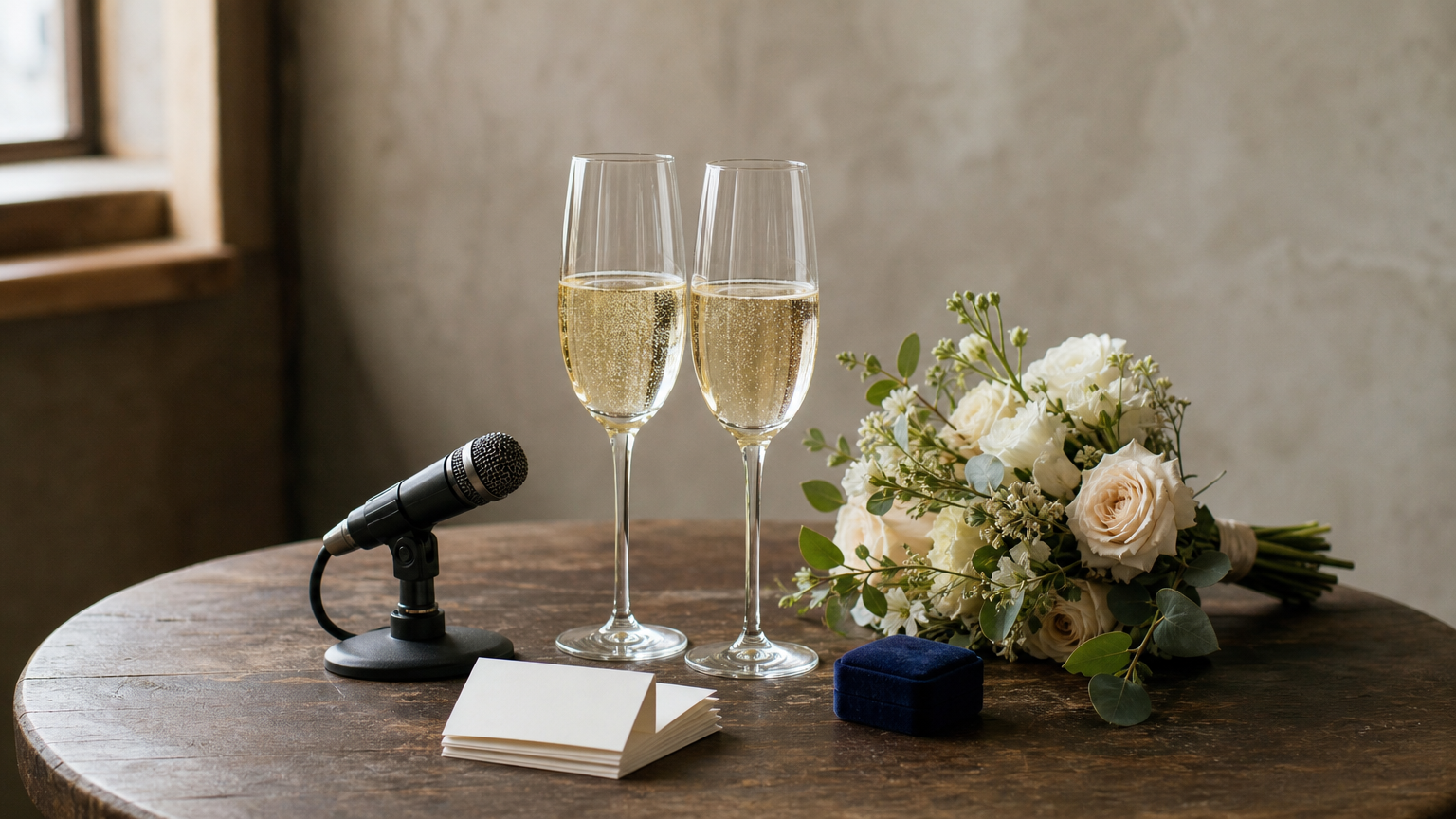 Two champagne flutes, a small microphone, note cards and a bouquet set up for a wedding speech.