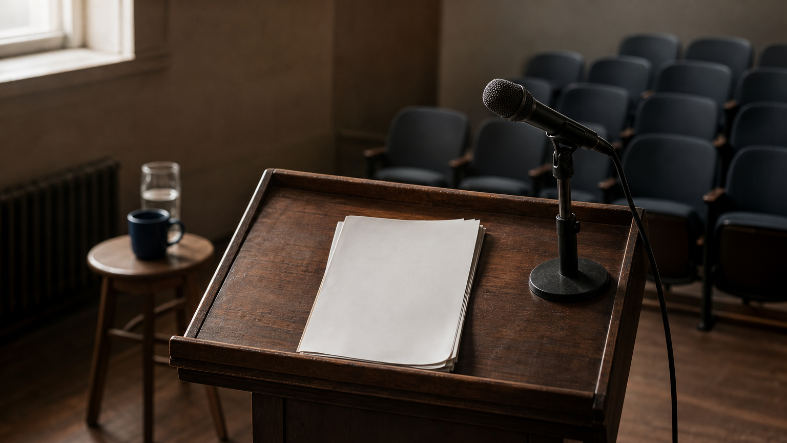 A lectern with script pages and a microphone stands before rows of empty chairs.