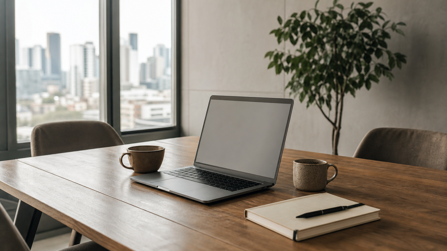 An office meeting table with a laptop, notebook, pen and two coffee cups by a window.