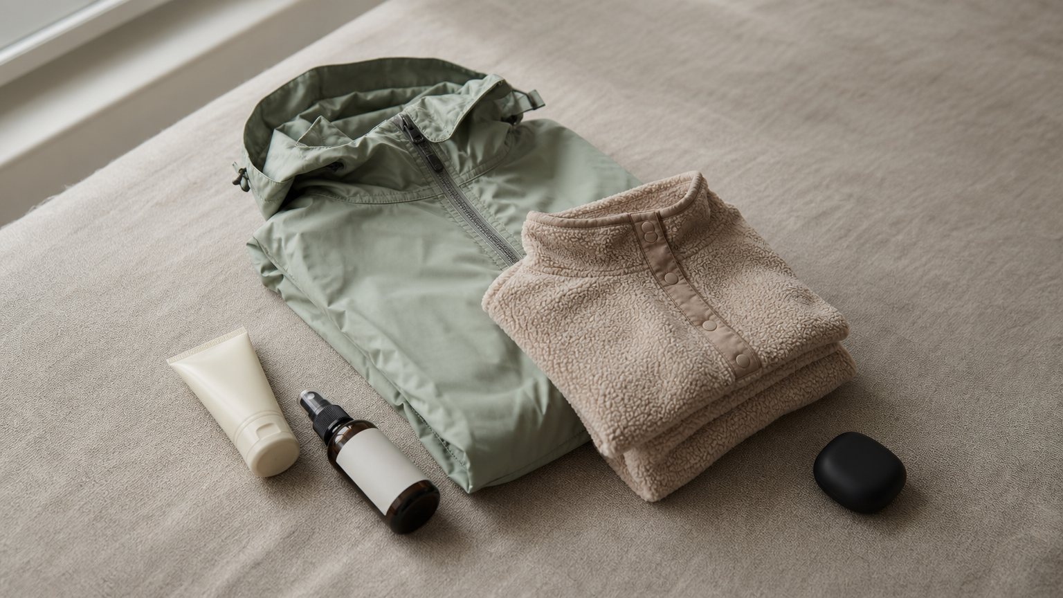 A fleece, rain jacket, sunscreen tube and insect repellent bottle laid out for packing.