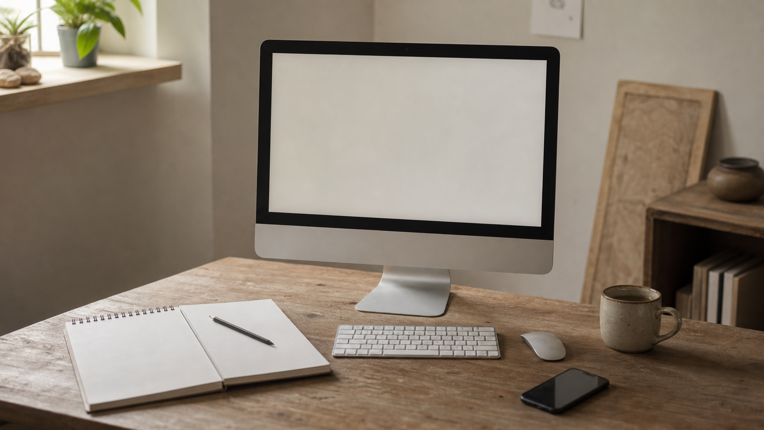 A desk with a monitor showing a page layout, a sketchbook, a pencil, a smartphone and a mug.