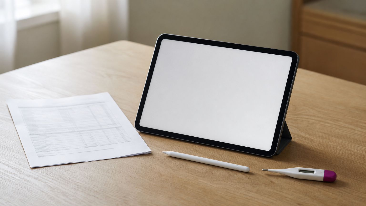 A tablet with a patient chart, a stylus, a lab report printout and a thermometer.