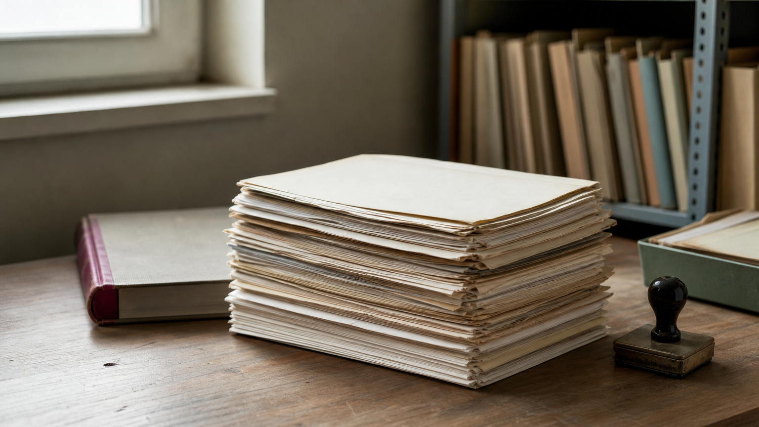 A tall stack of paper inpatient files next to a ward register, a shelf of folders and a stamp.