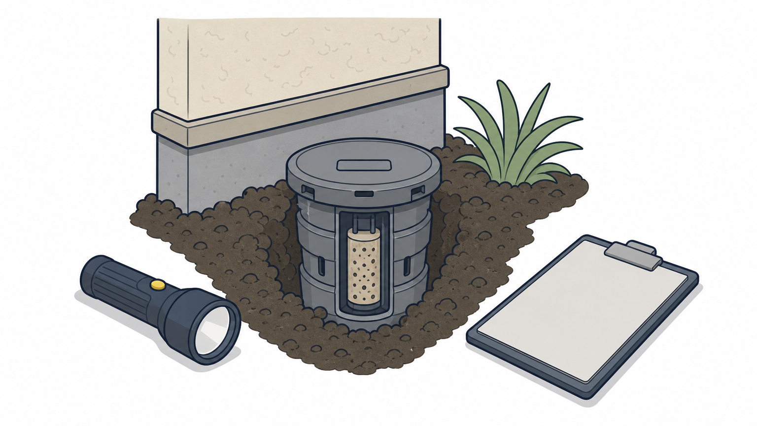 A termite bait station in the soil beside a stucco foundation, with a flashlight and clipboard nearby.