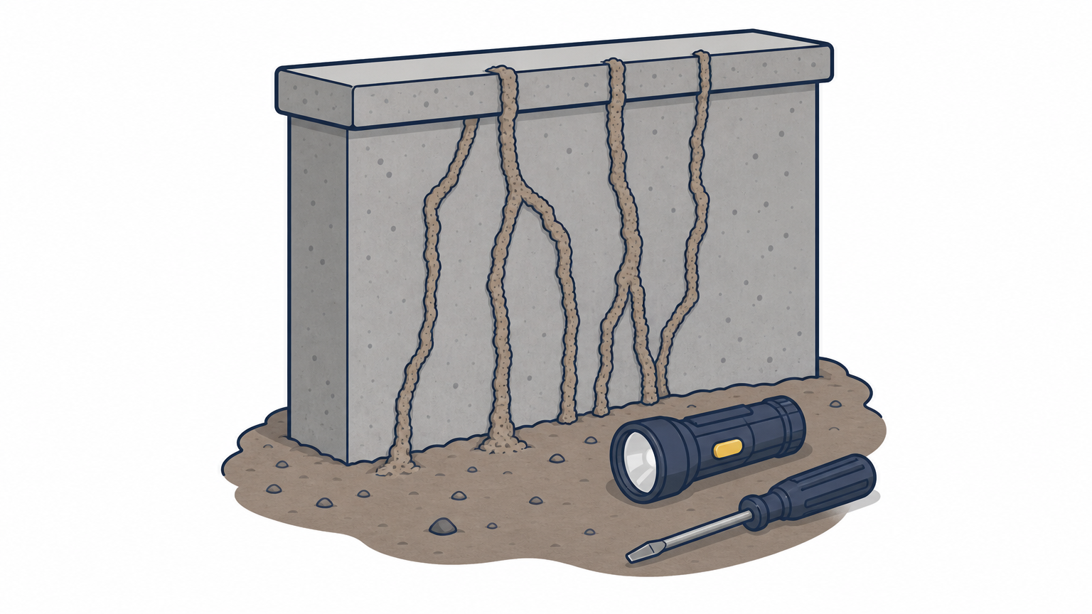 Mud tubes climbing a concrete crawl space wall, with a flashlight and screwdriver on the ground beside them.