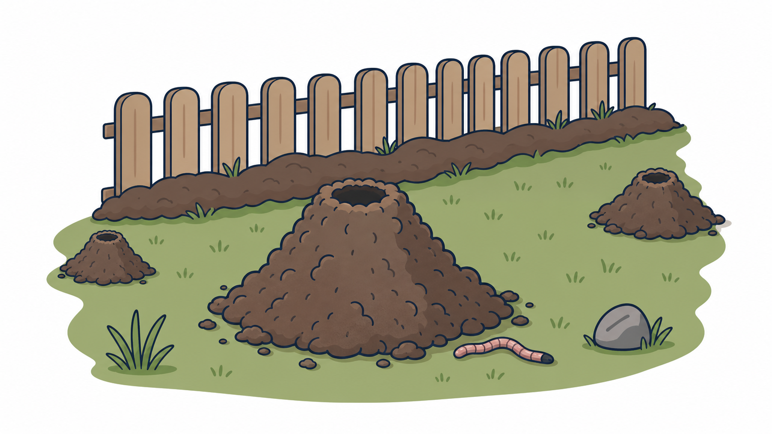 Volcano-shaped molehills and a raised tunnel ridge beside a wooden fence on a lawn.