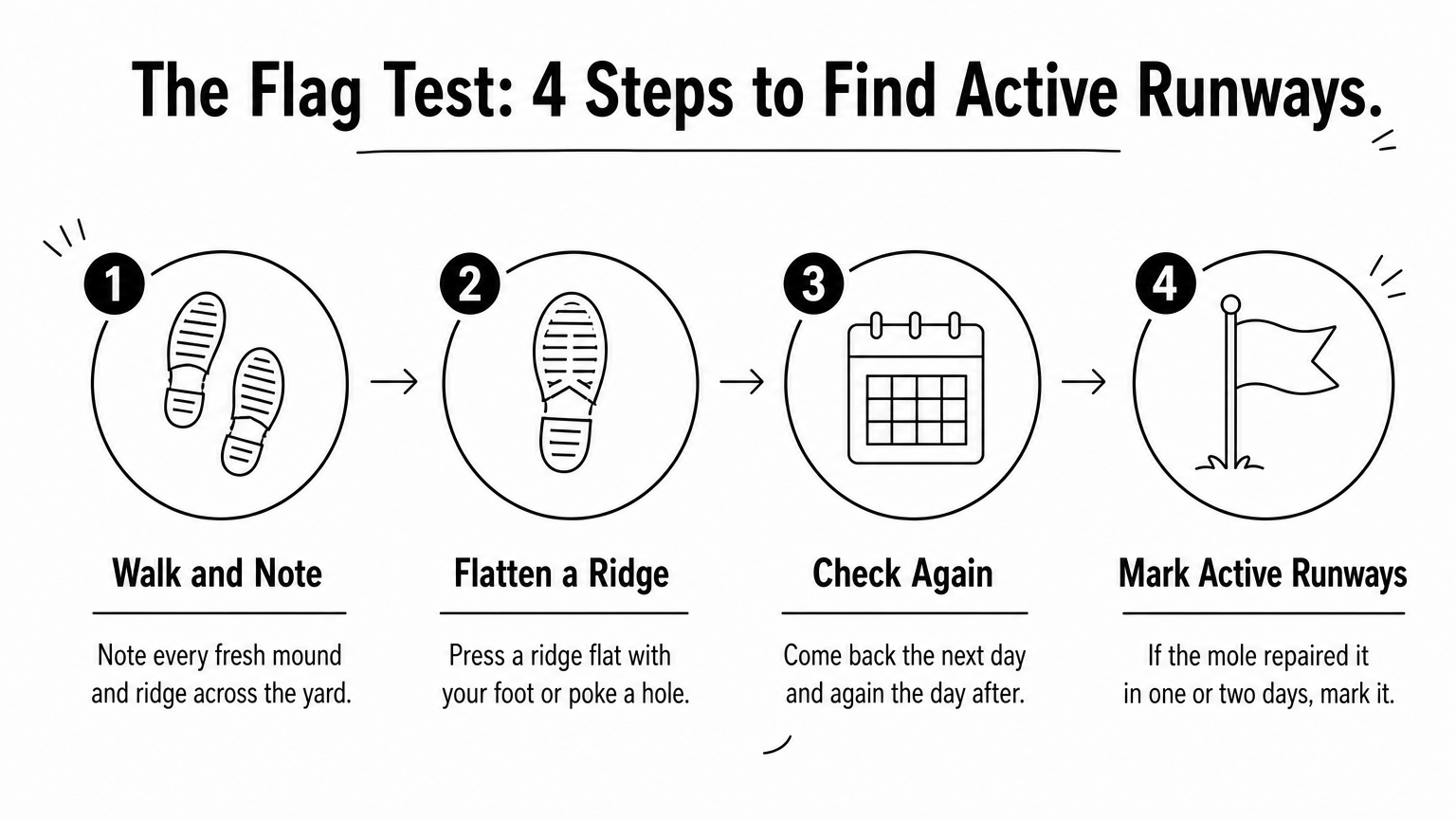 Four-step process for finding active mole runways by flattening ridges and checking for repairs.