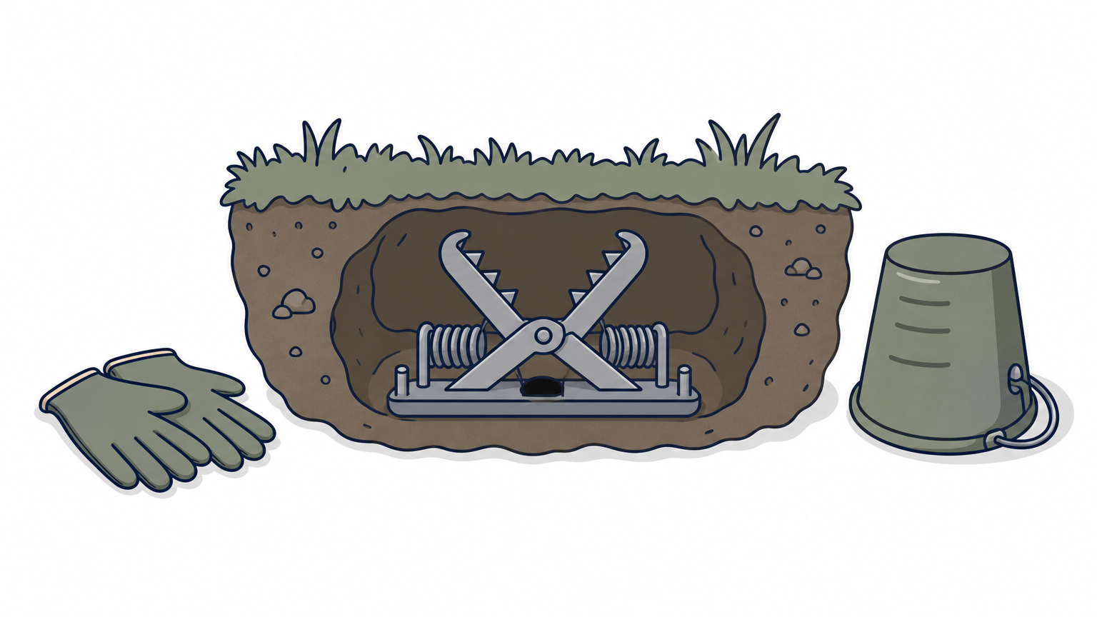 A mole trap set in an opened lawn tunnel next to gardening gloves and a bucket.