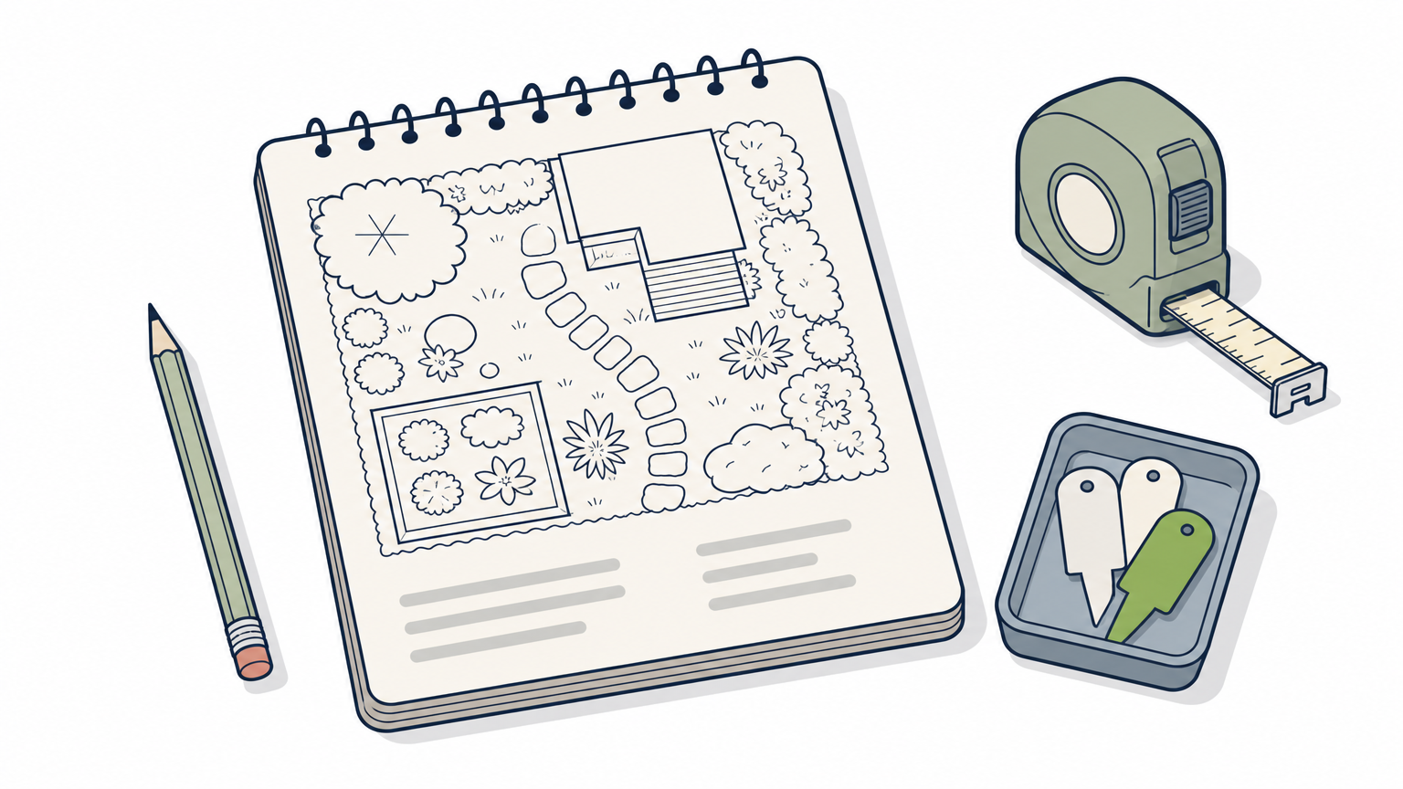 Notepad with a yard sketch, pencil, tape measure and plant tags on a wooden table.