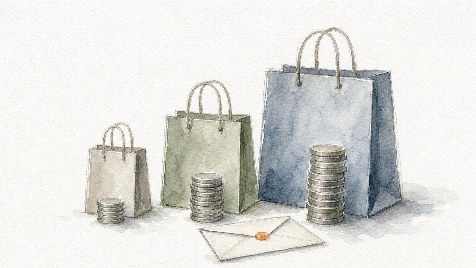 Three shopping bags of increasing size, each next to a taller stack of coins.