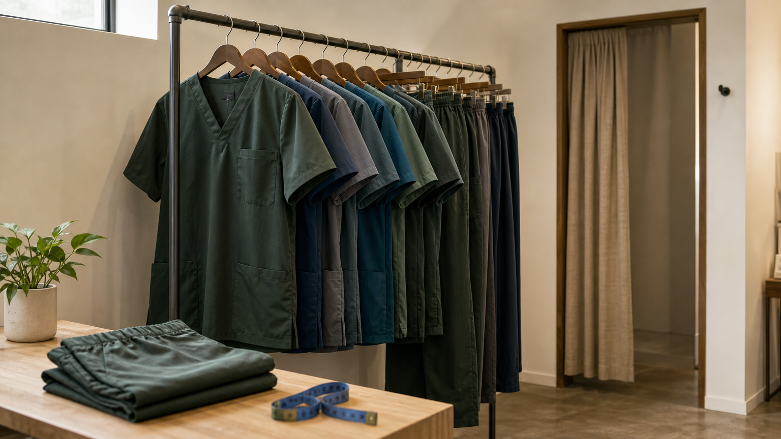 A store rack of scrubs beside a fitting room door with a tape measure and folded pants.