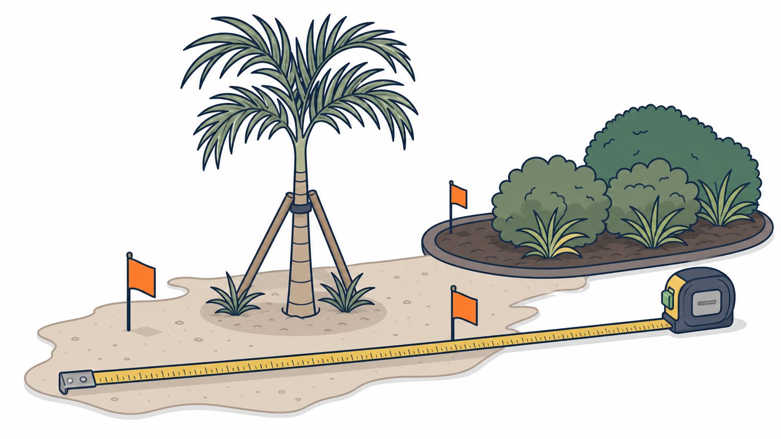 Measuring tape across a lawn with marking flags beside a young palm and garden bed.