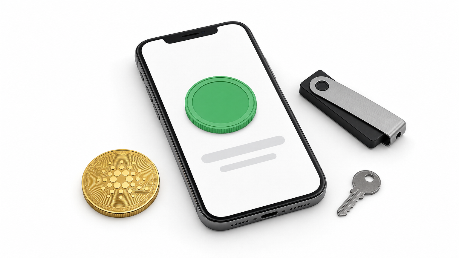 A smartphone beside a gold crypto coin, a metal key and a hardware wallet device.