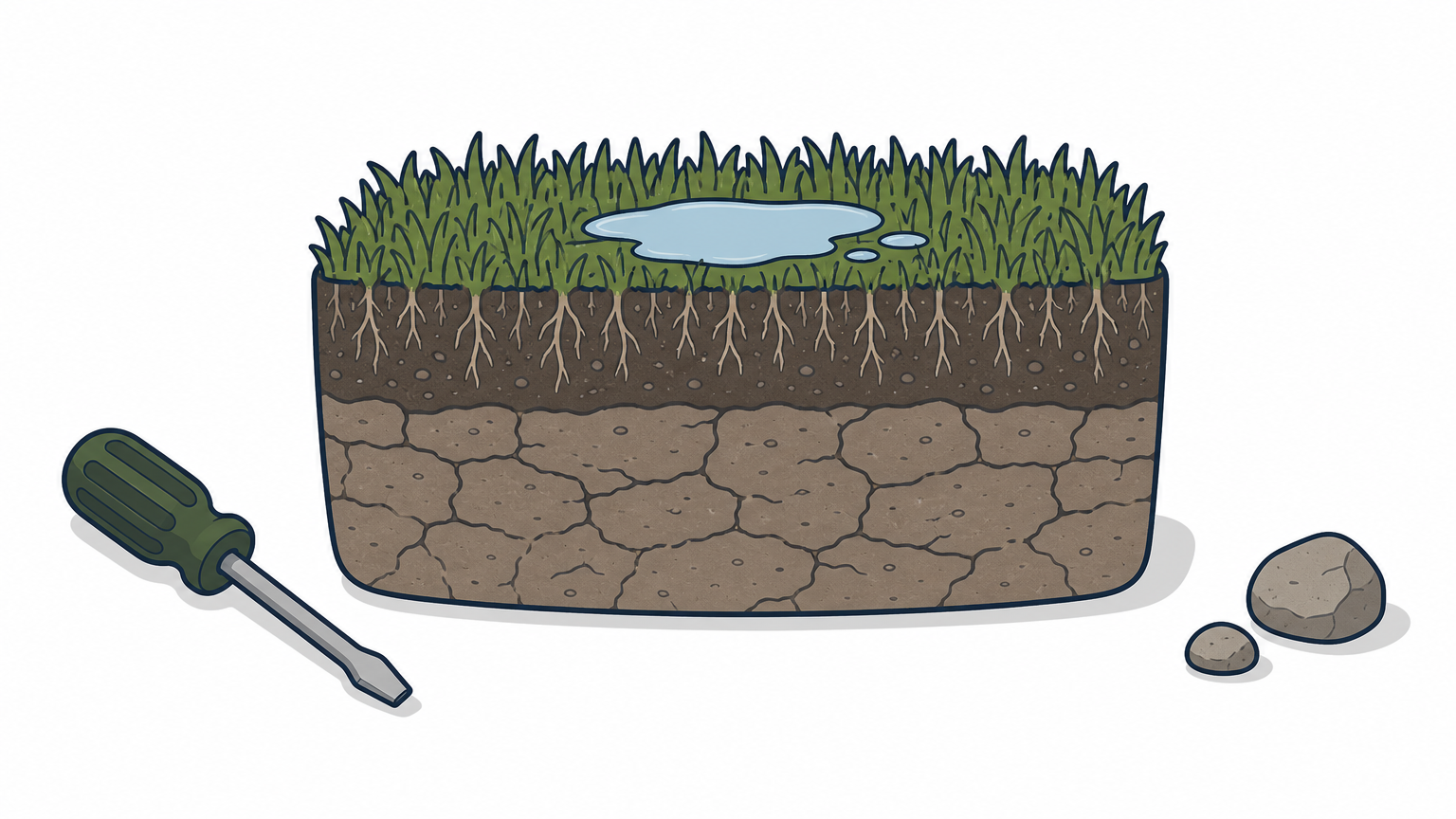 Cutaway of lawn soil with shallow roots above packed clay and a puddle on the surface.