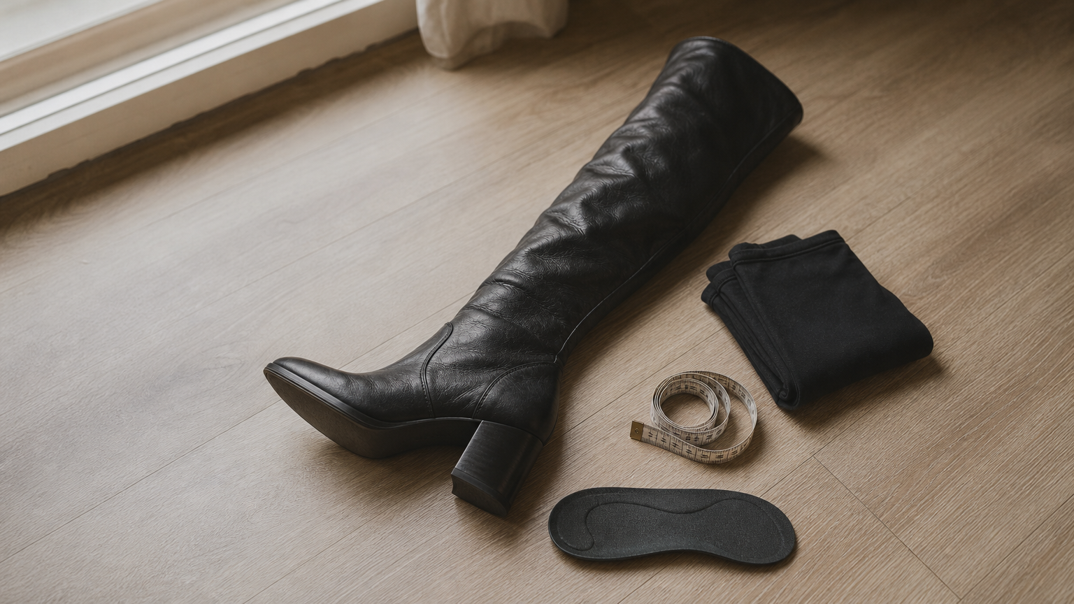 A black leather over-the-knee block-heel boot with a tape measure, folded leggings, and an insole.