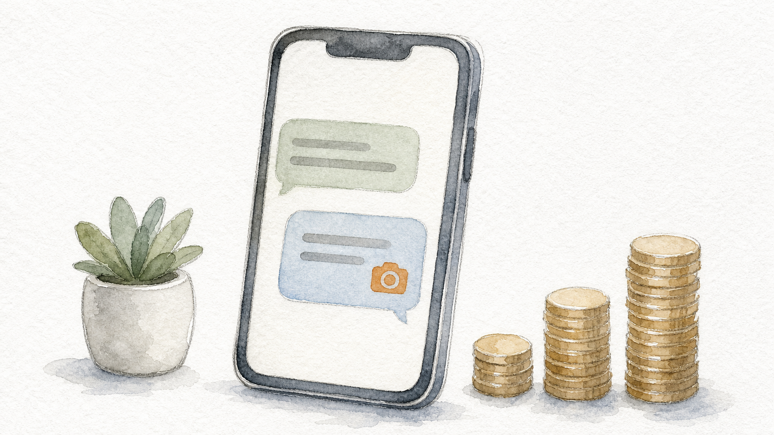 A smartphone with message bubbles next to three coin stacks of increasing height.