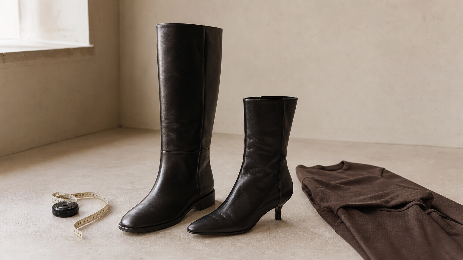 A flat leather tall boot and a kitten-heel leather tall boot with a tape measure and folded dress.