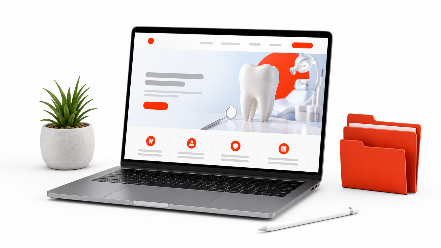 A laptop displaying a dental clinic website next to nested folders, a stylus and a plant.
