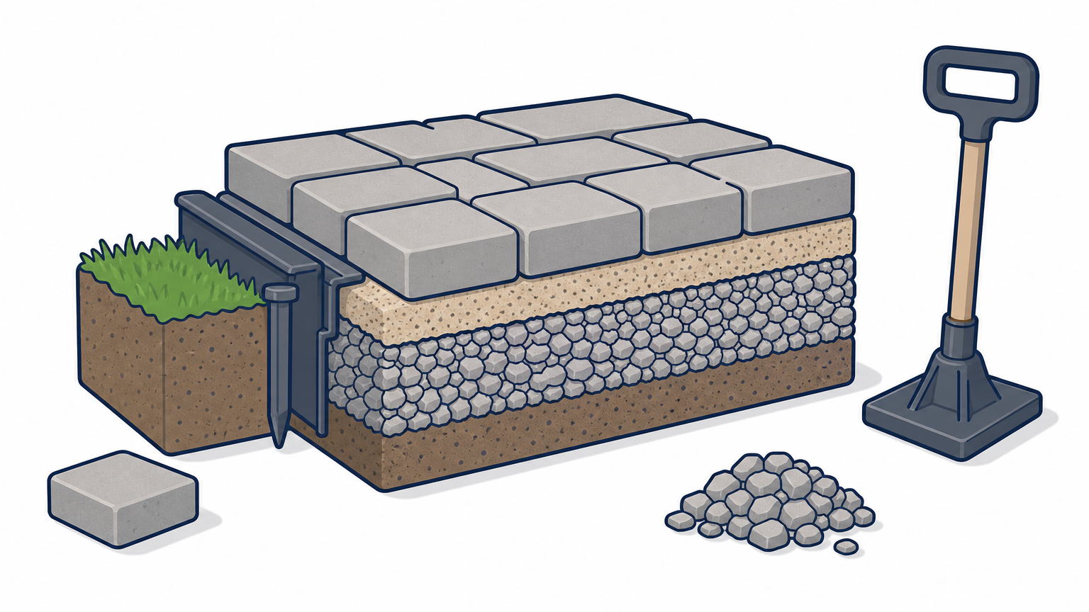 Cutaway of a paver patio edge showing stone base, sand bedding and interlocking pavers stacked in layers.