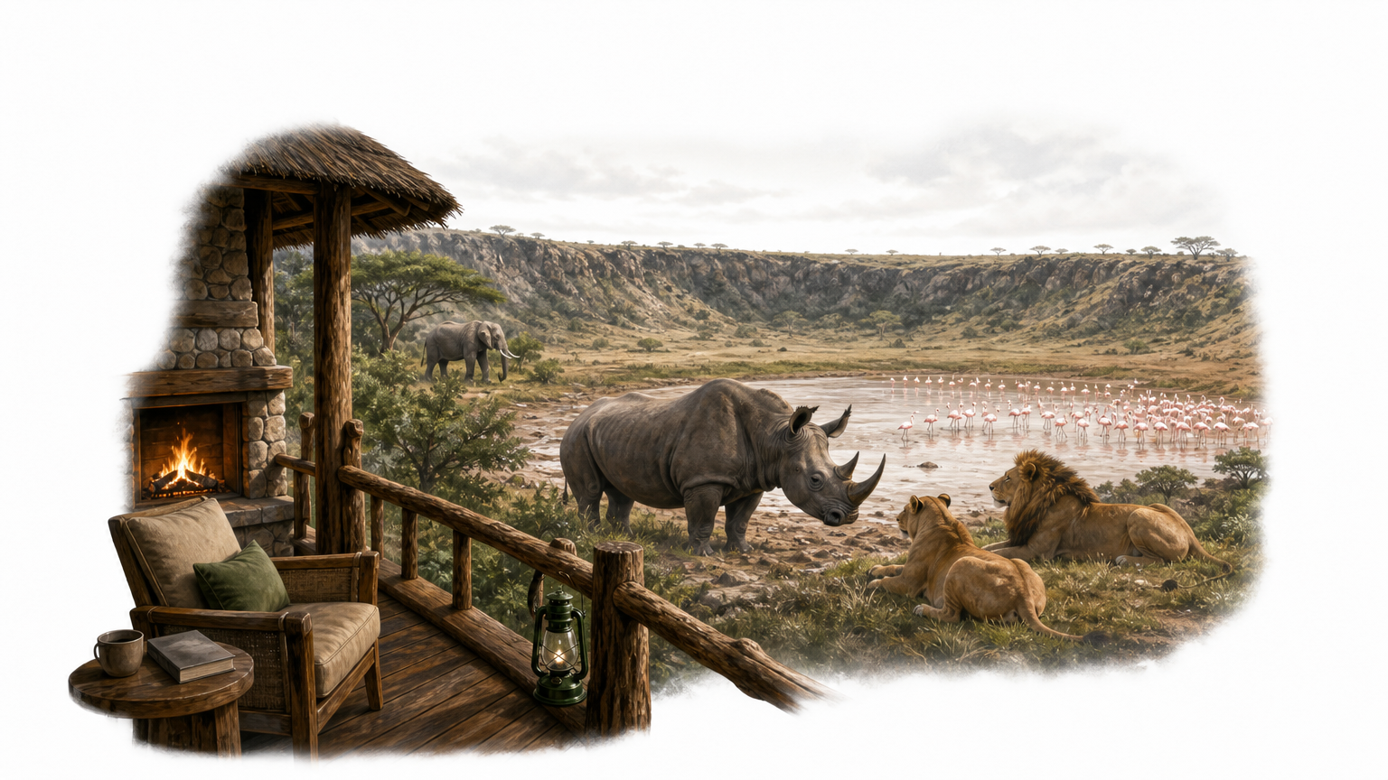 A lodge deck on a crater rim looking down at rhino, lions and flamingos.
