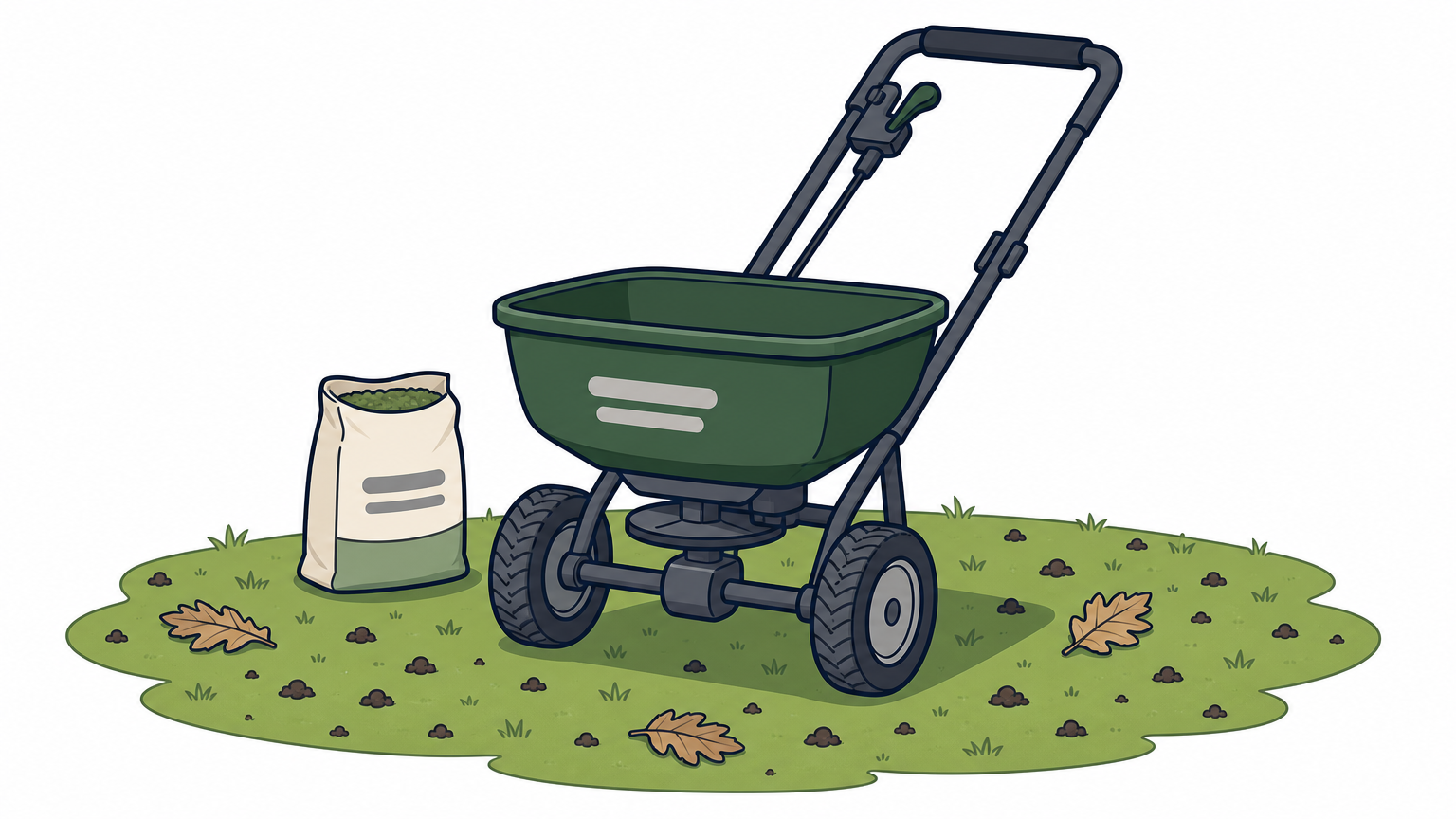 A seed spreader on a lawn with soil plugs, fallen leaves and a bag of grass seed.