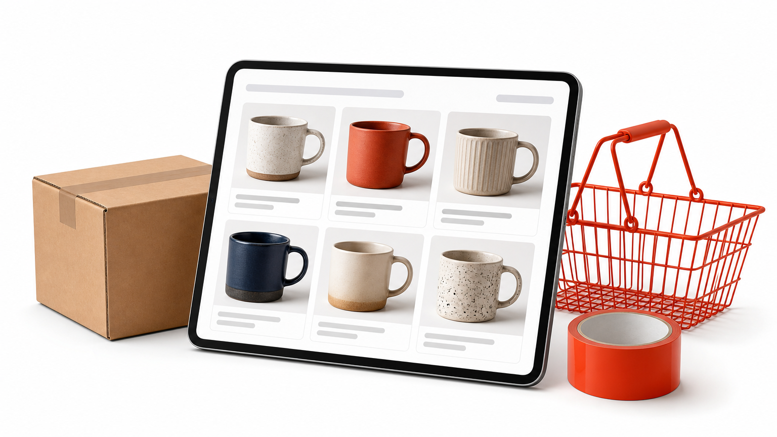 A tablet with a product grid beside a shipping box, a wire basket and packing tape.