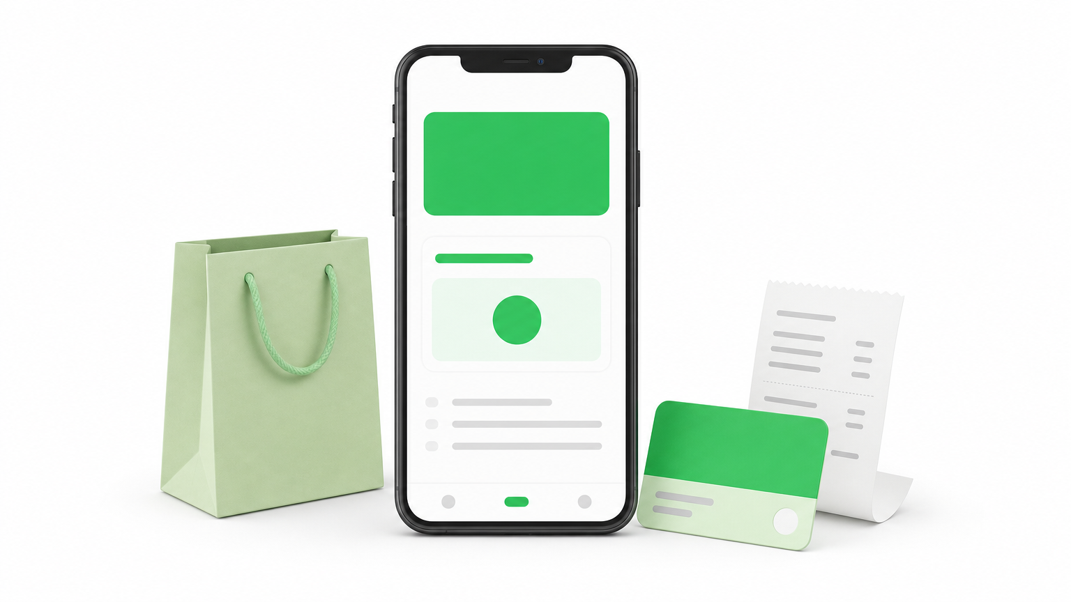 A smartphone showing a wallet balance next to a shopping bag, loyalty card and receipt.