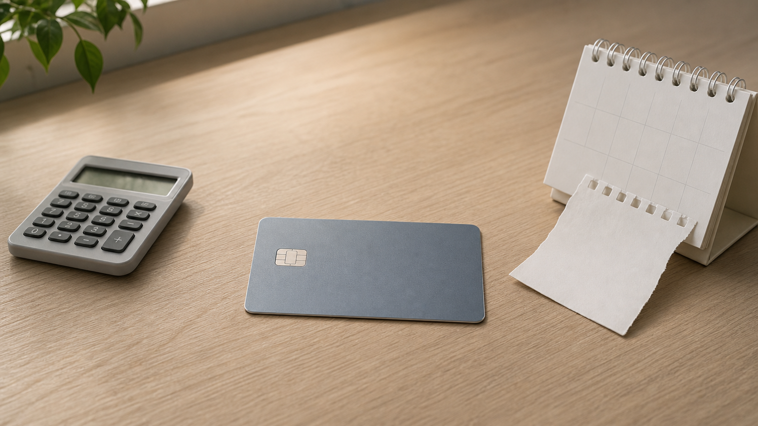 A credit card beside a calculator and a desk calendar with a torn page.