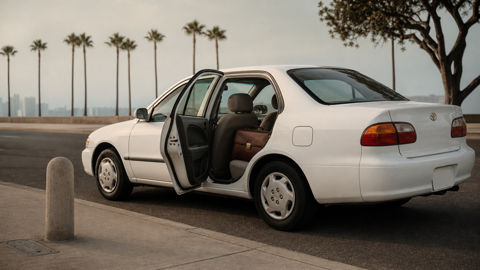 A white Corolla sedan with an open rear door and a briefcase on the back seat.