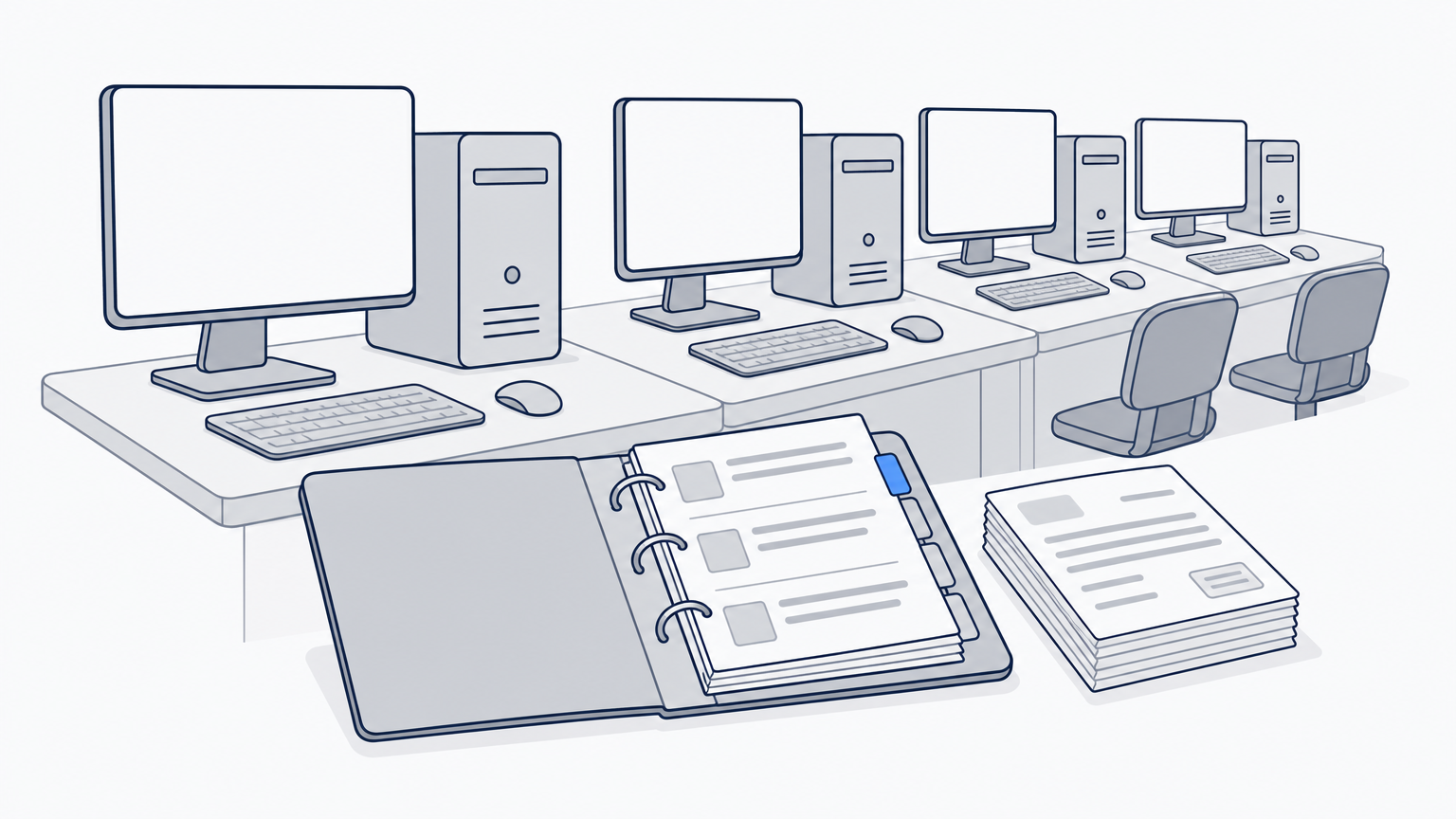 Mehrere gleiche Arbeitsplatz-PCs, davor ein Ordner mit Lizenznachweisen und Rechnungen.