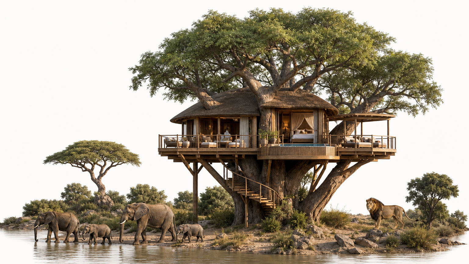 A treehouse suite among baobab branches with elephants walking beside a river below.