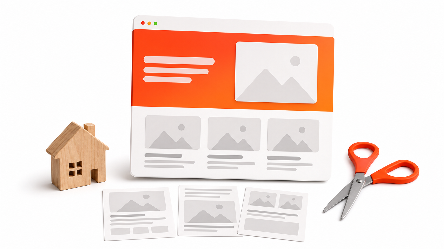 A wooden house model beside three paper layout cards and scissors.
