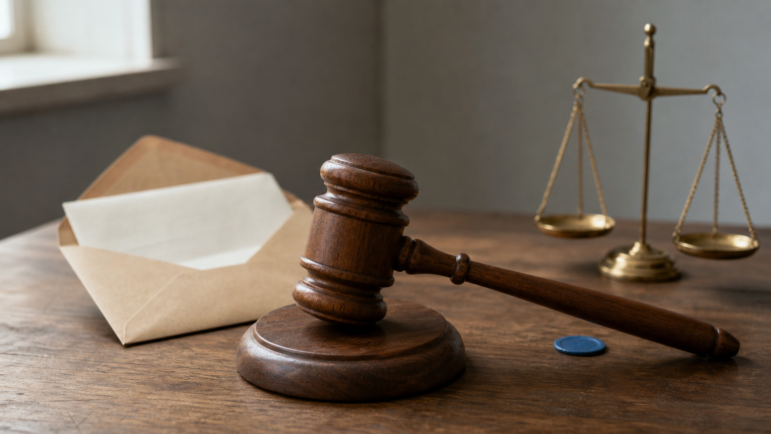 A wooden gavel, a court summons in an envelope and a brass scale of justice.