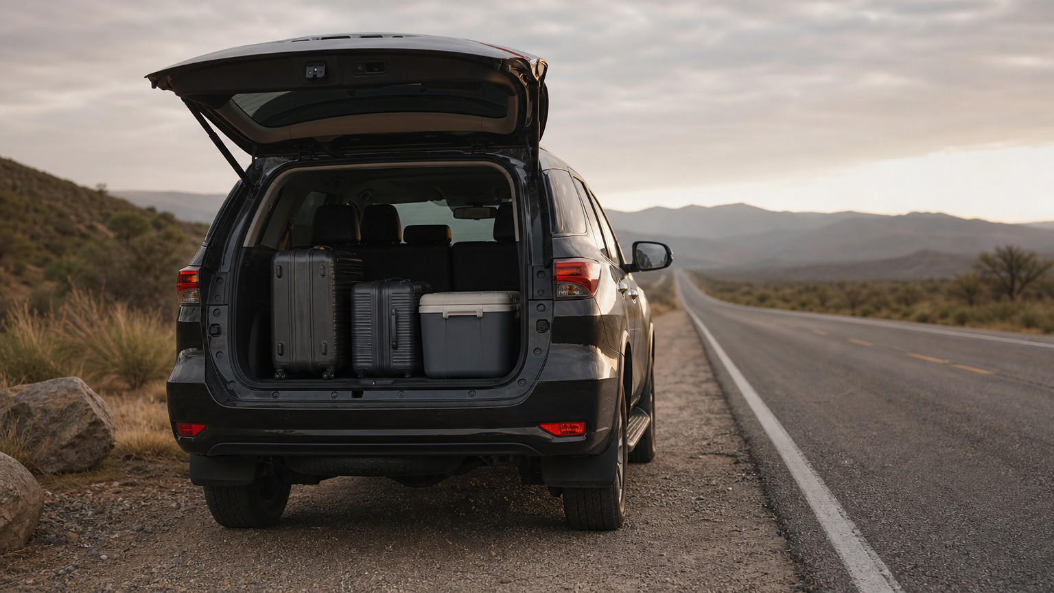 A Toyota Fortuner with an open tailgate, loaded with suitcases and a cooler, facing an open road.