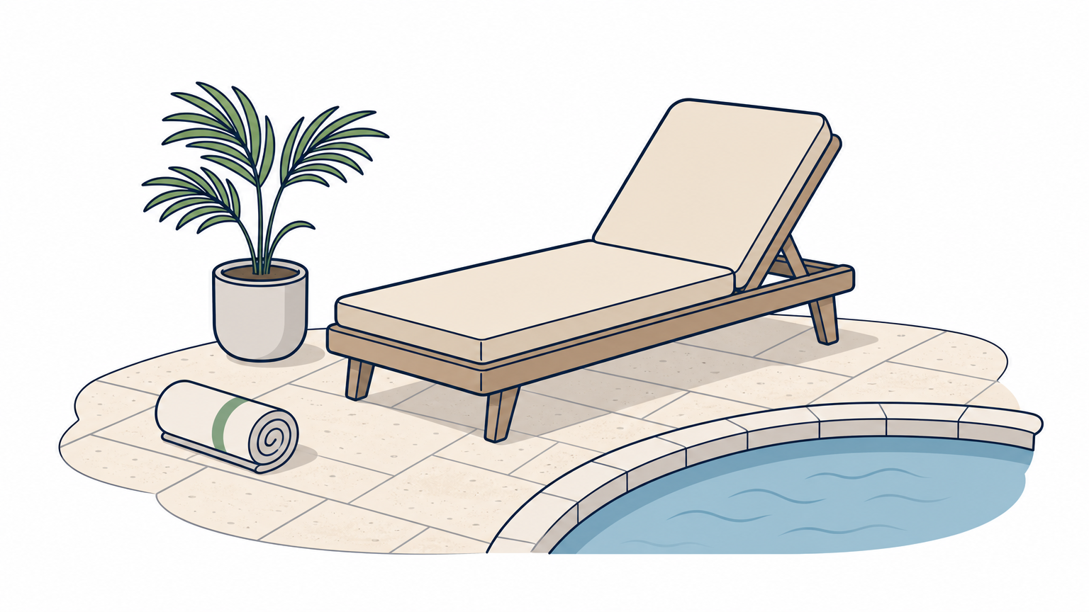 Light travertine pool deck beside a swimming pool with an empty lounge chair, potted palm and rolled towel.