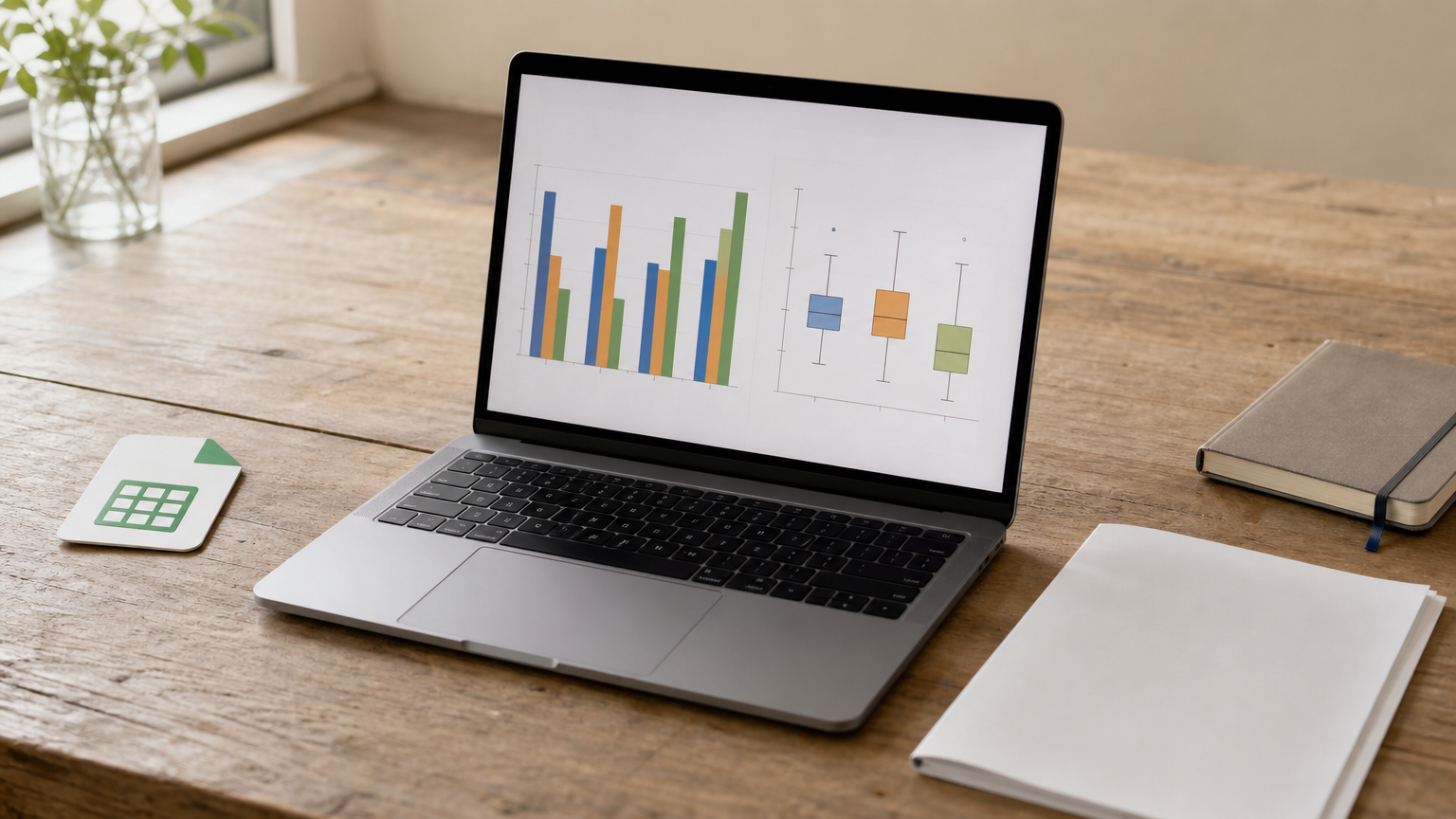 A laptop displaying a bar chart and box plot beside a CSV file, a PDF report and a notebook file.