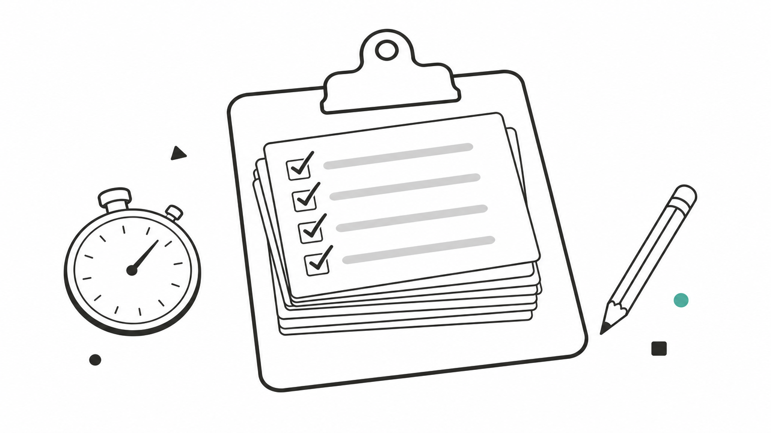 A clipboard with index cards, a stopwatch and a pencil prepared for scoring model answers.